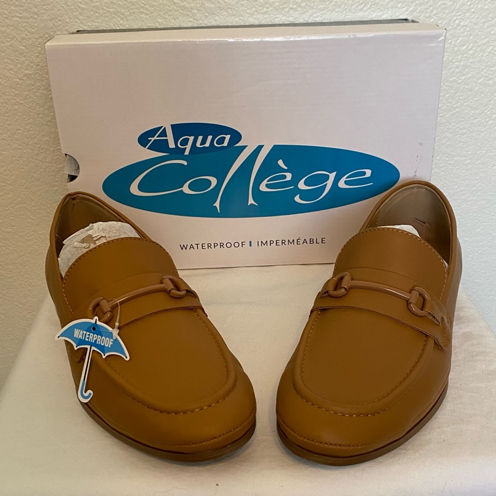 Aqua College Tan Leather Bossy Waterproof Loafers Size 10 NWT - Picture 2 of 9